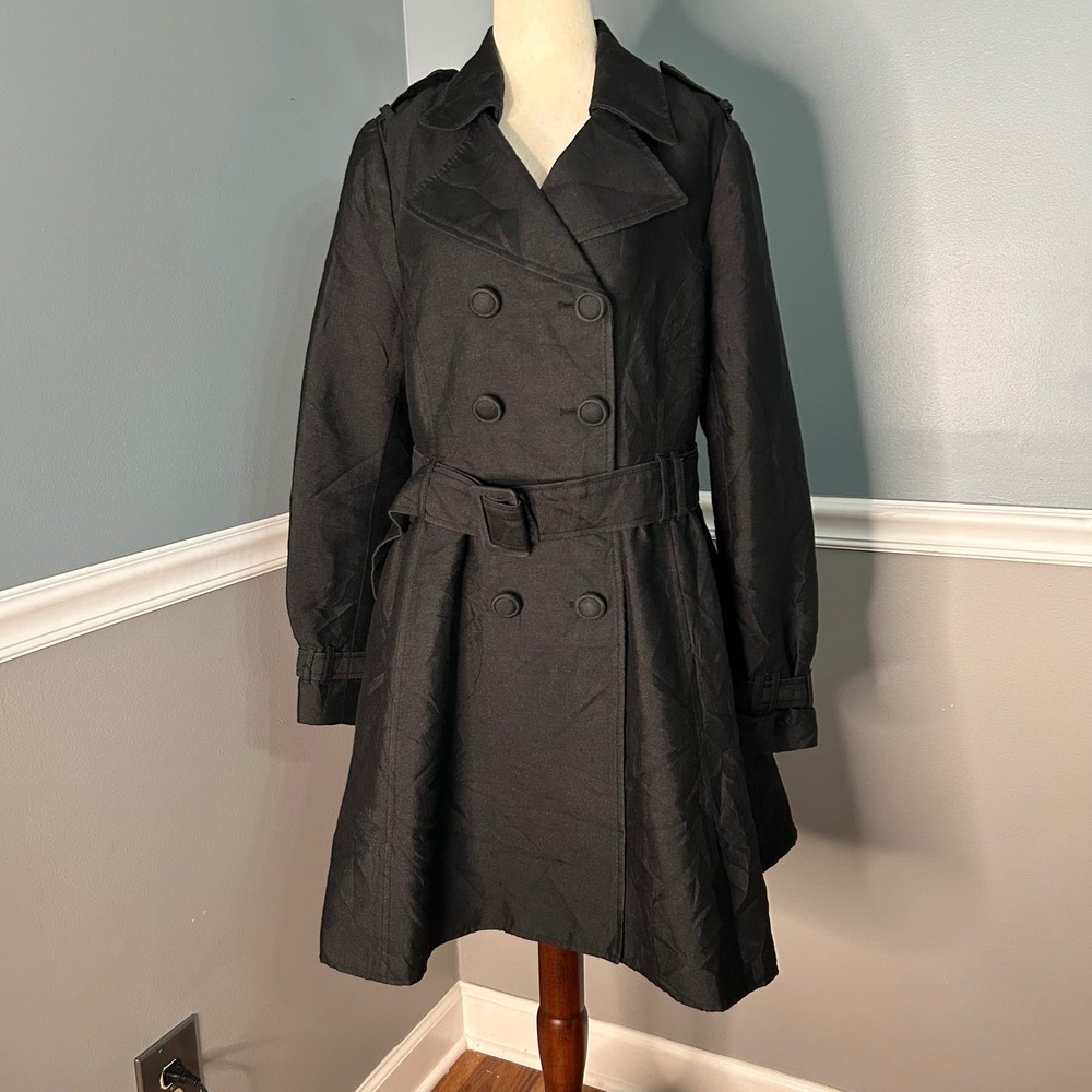 Divided by H&M Black Double Breasted Belted Trench Coat Flared Hem Size 12
